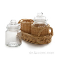 Rattan verpackte Platte und 2pcs Mason Jarglas